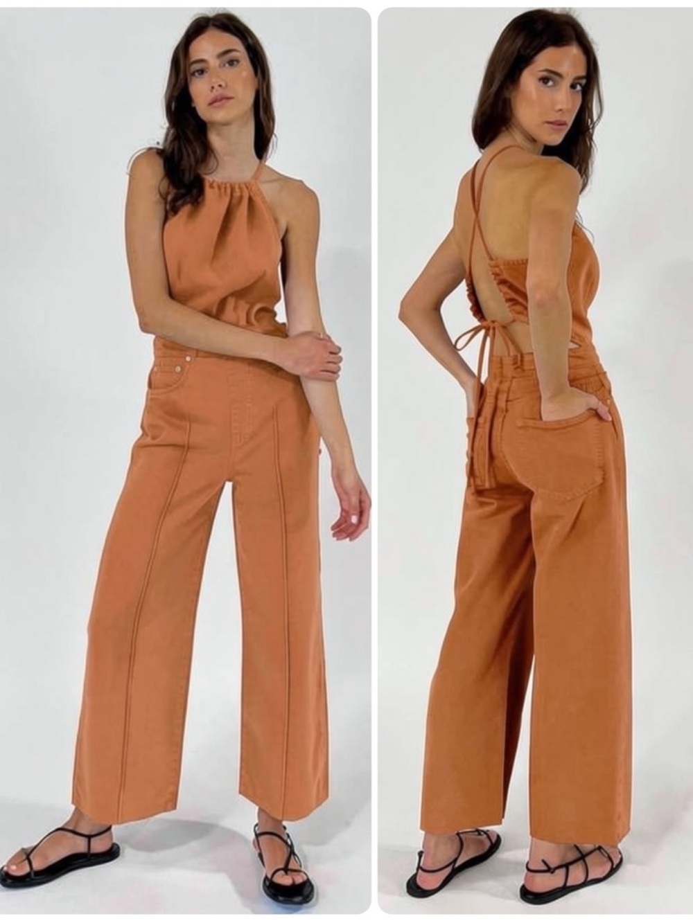 Etica Cami Cotton Cami ‘Coffee’ Wide-Leg Crop Tie-Back Halter Jumpsuit Overalls